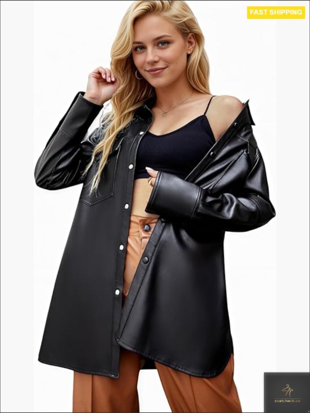 Faux Leather Shacket Jacket Button Down Lapel Long Sleeve Shirt Pockets